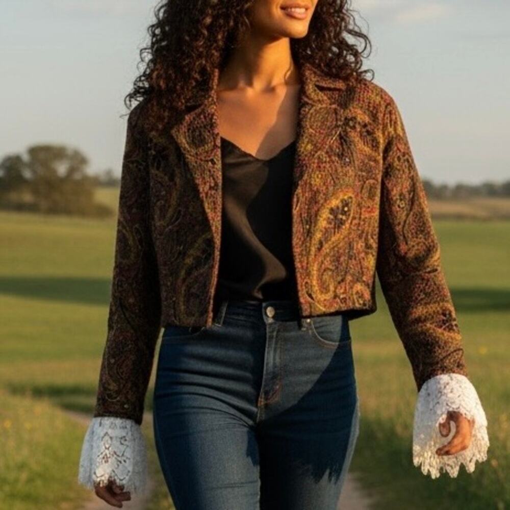 Upcycled Tesori Brocade Blazer Hand Cropped and lace cuffs size med